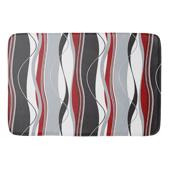 Undulating Waves Red, White, Black & Grey Bath Mat (Front)