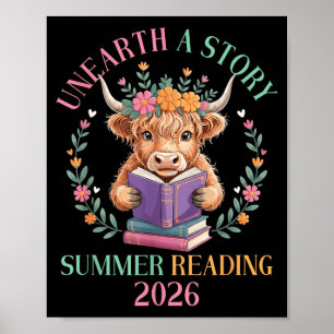 Unearth a story highland cow reading books summer poster