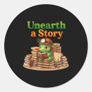 Unearth a story summer 2026 dinosaur reading books classic round sticker