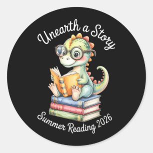 Unearth A Story Summer Reading 2026 Cute Dino Book Classic Round Sticker