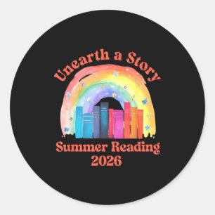 Unearth a story summer reading 2026 librarian book classic round sticker