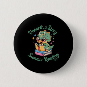 Unearth a story triceratops dinosaur reading books 6 cm round badge