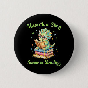Unearth a Story Triceratops Dinosaur Reading Books 6 Cm Round Badge