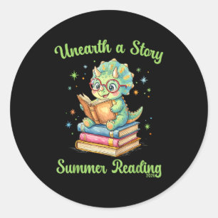 Unearth a story triceratops dinosaur reading books classic round sticker