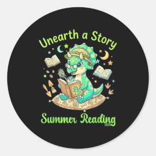 Unearth a story triceratops dinosaur reading books classic round sticker