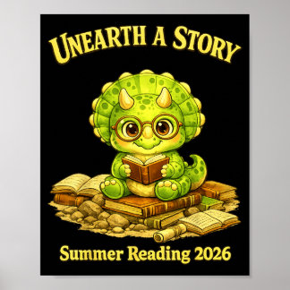 Unearth a Story Triceratops Dinosaur Reading Books Poster