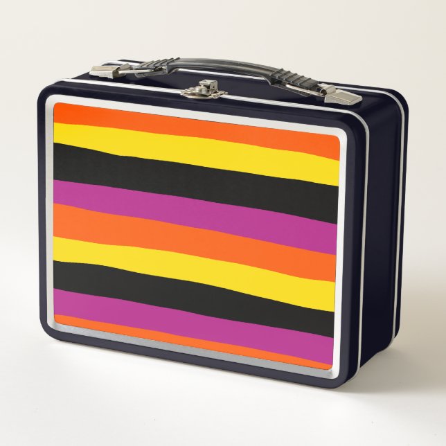Uneven Stripes - Black, Pink, Orange and Yellow Metal Lunch Box (Front)