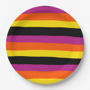 Uneven Stripes - Black, Pink, Orange and Yellow Paper Plate