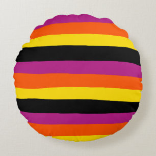 Uneven Stripes - Black, Pink, Orange and Yellow Round Cushion