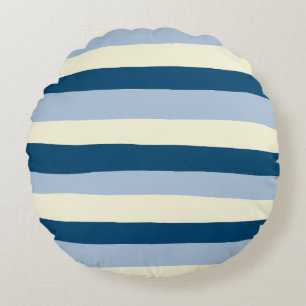 Uneven Stripes - Dark Blue, Light Blue and Cream Round Cushion