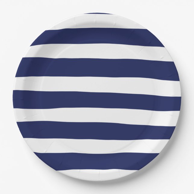 Uneven Stripes in Blue and White Paper Plate (Front)
