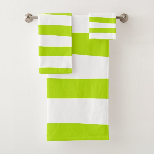 Uneven Stripes in Lime Green and White Bath Towel Set (Insitu)