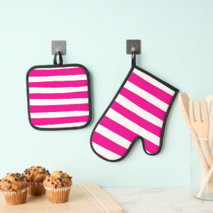 Uneven Stripes in Magenta and White Oven Mitt & Pot Holder Set