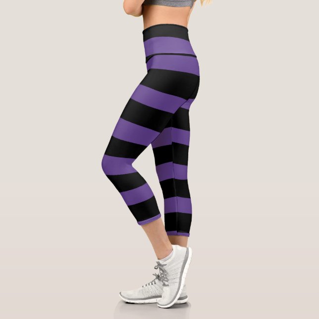 Uneven Stripes in Purple and Black Capri Leggings (Left)