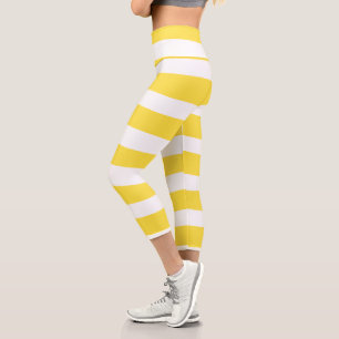 Uneven Stripes - Lemon Yellow and White Capri Leggings