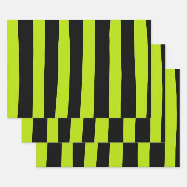 Uneven Stripes - Lime Green and Black Wrapping Paper Sheet (Set)