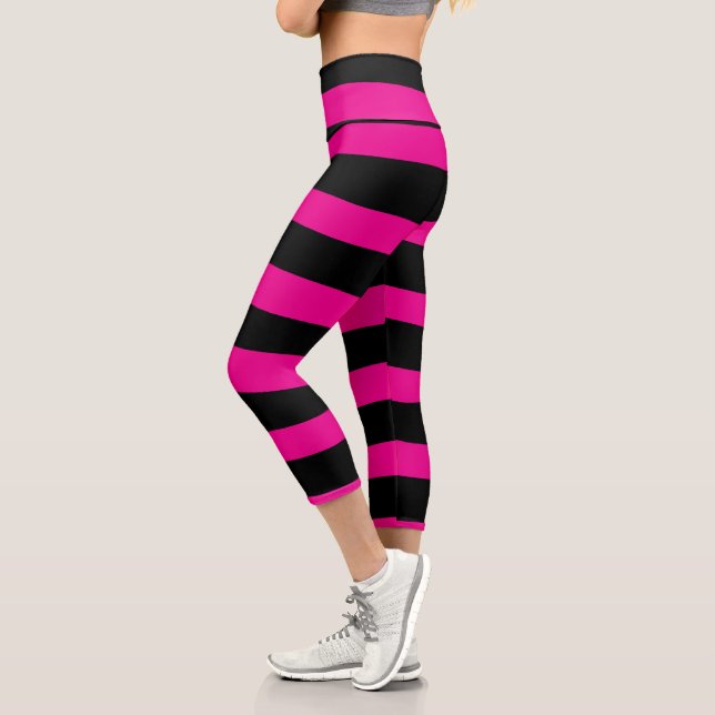 Uneven Stripes - Magenta and Black Capri Leggings (Left)