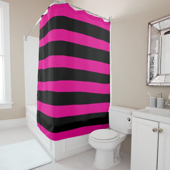 Uneven Stripes - Magenta and Black Shower Curtain (In Situ)