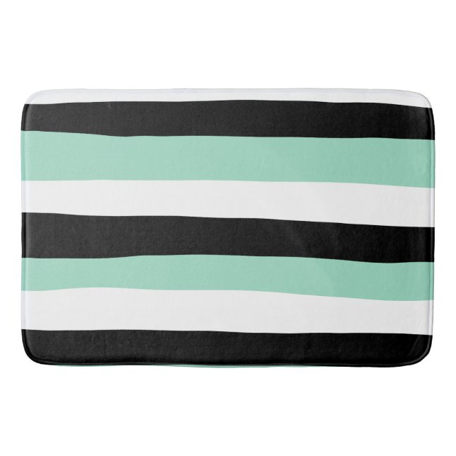 Uneven Stripes - Mint Green, White and Black Bath Mat (Front)