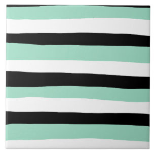 Uneven Stripes - Mint Green, White and Black Ceramic Tile