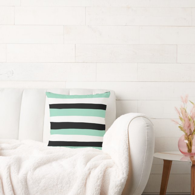 Uneven Stripes - Mint Green, White and Black Cushion (Couch)