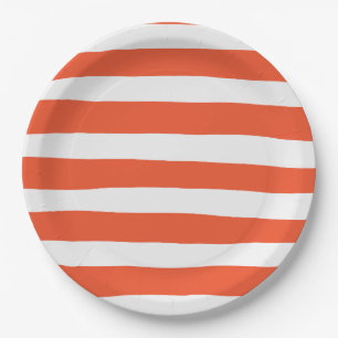 Uneven Stripes - Orange and White Paper Plate