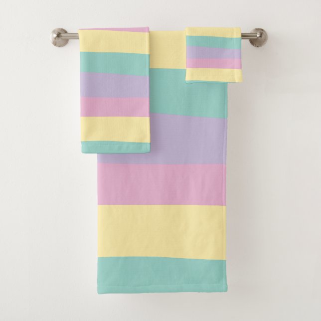 Uneven Stripes-Pastel Pink, Yellow, Purple & Green Bath Towel Set (Insitu)