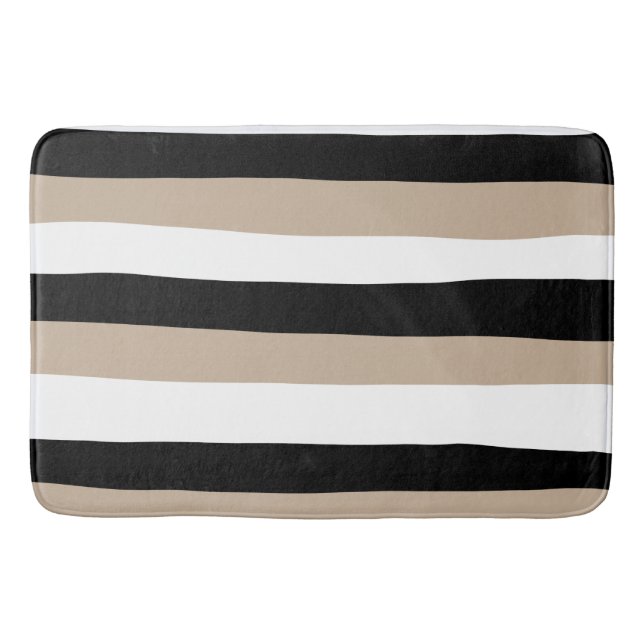 Uneven Stripes - Taupe, Black and White Bath Mat (Front)