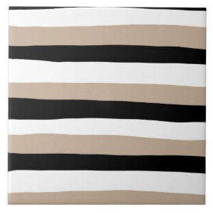 Uneven Stripes - Taupe, Black and White Ceramic Tile