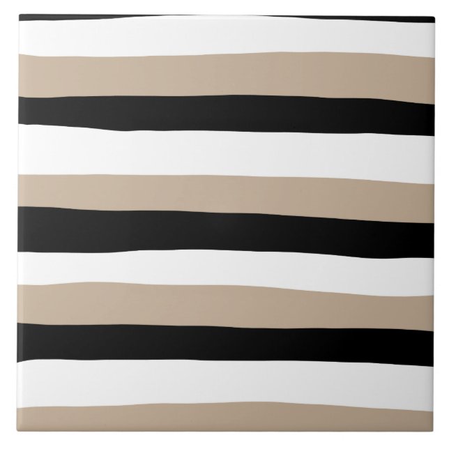 Uneven Stripes - Taupe, Black and White Ceramic Tile (Front)