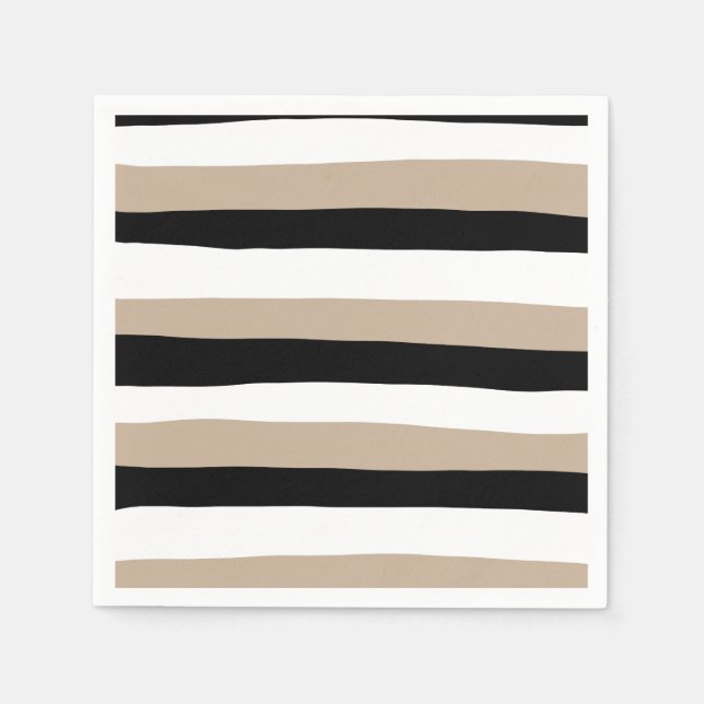 Uneven Stripes - Taupe, Black and White Napkin (Front)