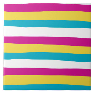 Uneven Stripes - Turquoise, Yellow, Pink and White Ceramic Tile