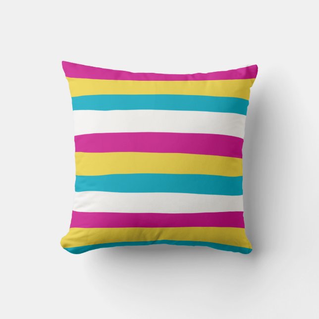 Uneven Stripes - Turquoise, Yellow, Pink and White Cushion (Front)