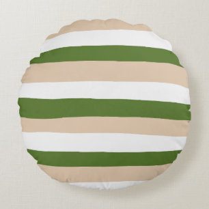 Uneven Stripes - White, Sand and Palm Green Round Cushion