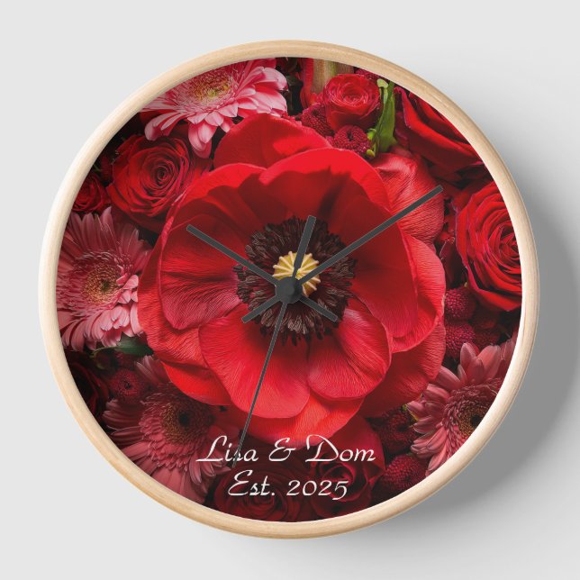 Unexpected Red Floral Personalised Clock (Front)