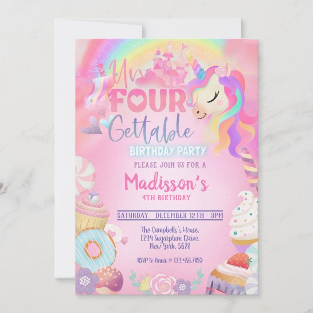 Unfourgettable Unicorn Doughnut Sweet 4th Birthday Invitation (Front)