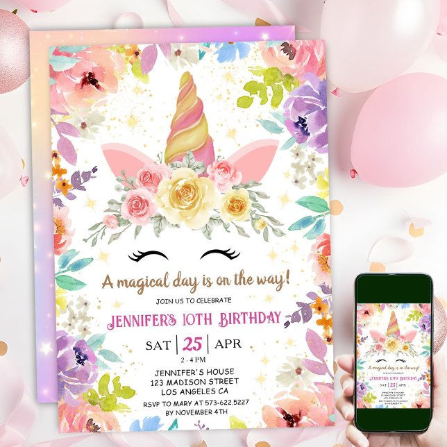 Unicorn 10th Birthday Colourful Floral Rainbow Invitation (#UnicornBirthdayInvitation #UnicornBirthdayInvitationTemplate #UnicornBirthdayInvitationEditable 
)