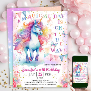 Unicorn 10th Birthday Fairy Floral Rainbow & Stars Invitation