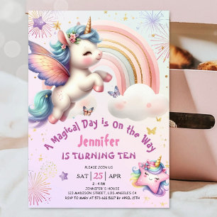 Unicorn 10th Birthday Girl Purple Pink Rainbow  Invitation
