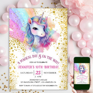 Unicorn 10th Birthday Gold Glitter Rainbow Invitation