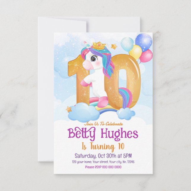 Unicorn 10th Birthday Invitation (Front)