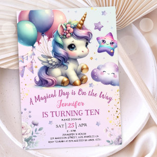 Unicorn 10th Birthday Invite Girl Purple & Gold