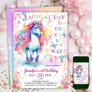 Unicorn 1st Birthday Fairy Floral Rainbow & Stars  Invitation