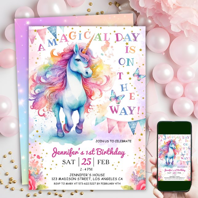 Unicorn 1st Birthday Fairy Floral Rainbow & Stars  Invitation (#UnicornBirthdayInvitation #UnicornBirthdayInvitationTemplate #UnicornBirthdayInvitationEditable 
)