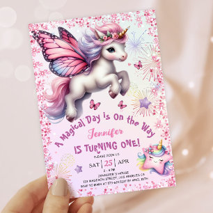Unicorn 1st Birthday Girl Pink Purple Glitter Invitation