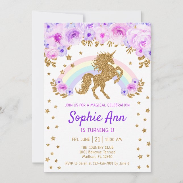 Unicorn 1st Birthday - Gold Purple Invitation (Front)
