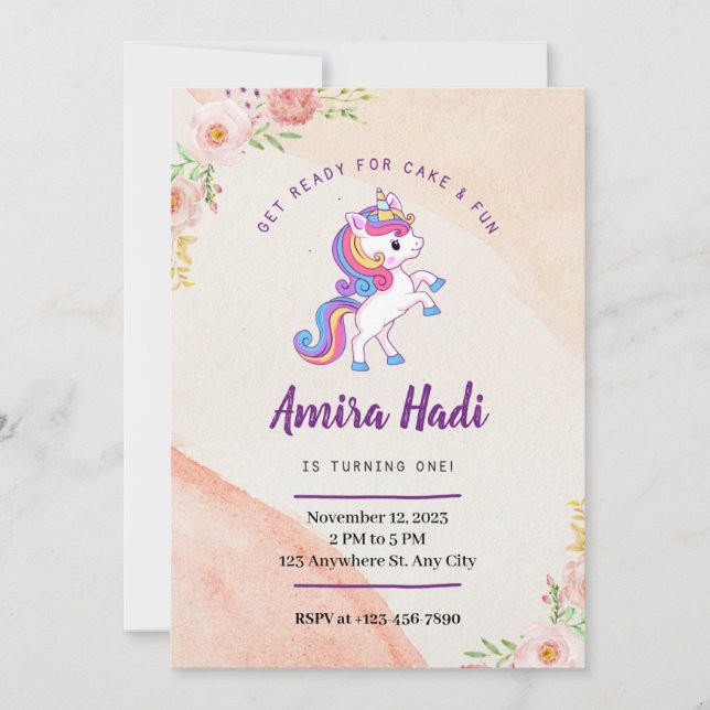 Unicorn 1st Birthday Invitation (Front)