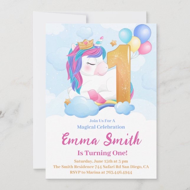 Unicorn 1st Birthday Invitation Balloons Rainbow (Front)