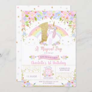Unicorn 1st Birthday Invitation Floral Rainbow