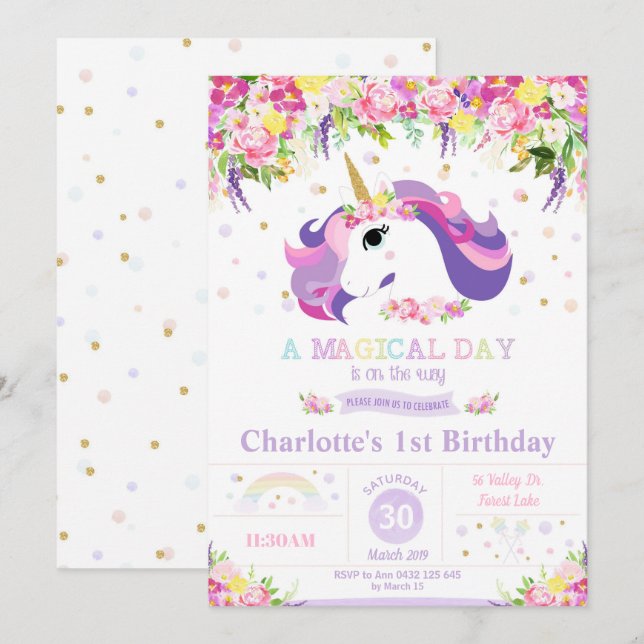 Unicorn 1st Birthday Invitation Floral Rainbow (Front/Back)